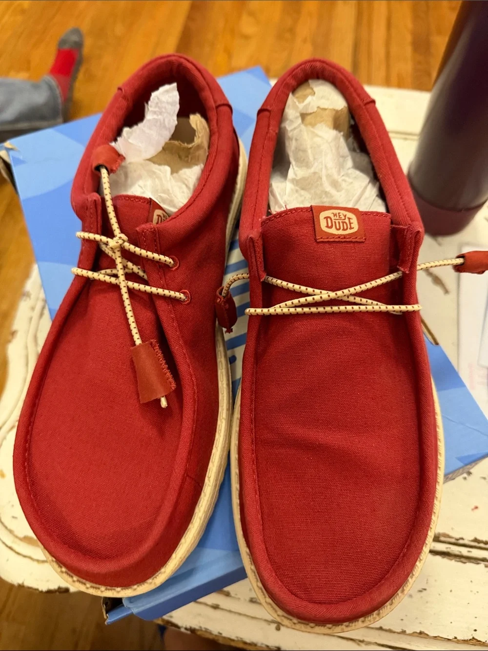 Hey Dude Red Canvas Loafers with Tan Sole